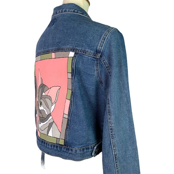 Cat Hand Painted Denim Jacket Wearable Art Tabby Artsy Chic Statement Style - Picture 5 of 10
